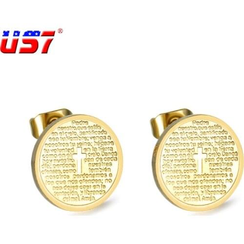 US7 Stainless Steel Cross Scripture Earrings Round Stud Earrings for Men Women Holy Prayers Gold Plating Jewelry Gift