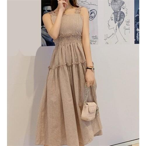 Vintage Plaid Women Dress Harajuku Fashion Square Neck Ladies Dress Casual Spaghetti Strap High Waist Knee Length Holiday Dress