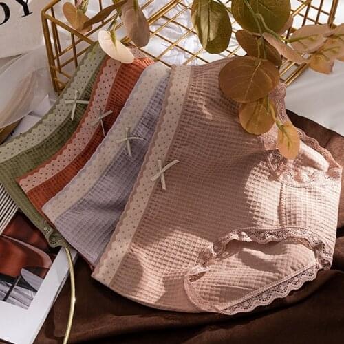 Wasteheart New Women Fashion Yellow Cotton Lace Bow Mid Waist Panties Underwear Lingerie Briefs Underpants Brief F Seamless