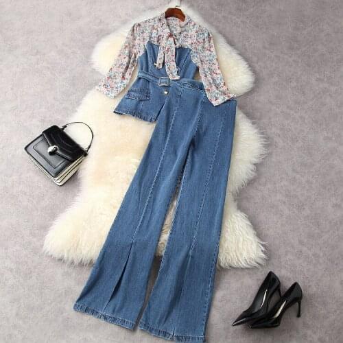 European and American womens clothing spring 2021 new Printed shirt three-quarter sleeves bow neck Denim wide-leg pantsuits