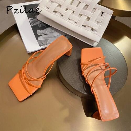 Pzilae new summer shoes women square toe slippers fashion narrow band women square heel slides outdoor open toe ladies shoes