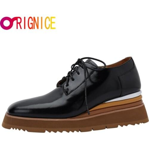 Orignice Ladies Platform Wedge Heels Top Genuine Leather Square Toe Pumps Autumn Cross Tied Waterproof Casual Shoes Black Beige
