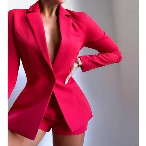 Women Sexy Deep V Neck Blouse Shorts Two Piece Office Elegant Slim Solid Single Button Blazer Female Autumn Vintage Streetwear