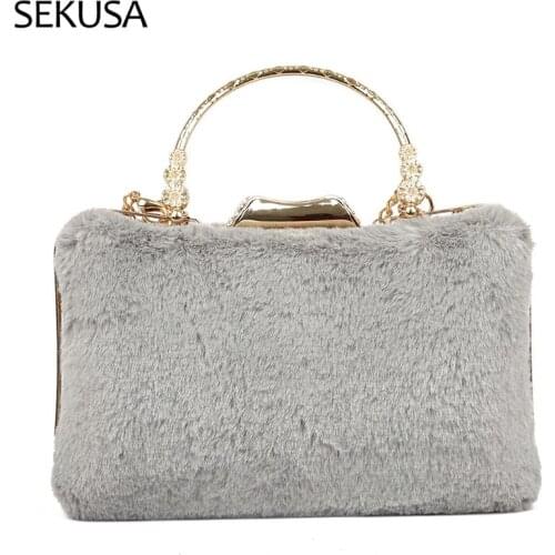 Rabbit Fur Women Day Clutch With Handle Banquet Diamonds Luxury Party Evening Bags Metal New Holder Purse