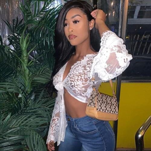 2021 Summer Sexy Open Back Lace Hollw Tops Casual White Cardigan Long Sleeve V-neck See-through Nude T-shirts Clothes for Women