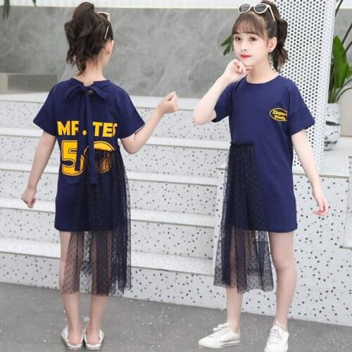 IENENS Summer Lace Dress 4-13 Years Kids Clothing Girls Letter Print Long T-shirt Child Cotton Casual Dresses Clothing
