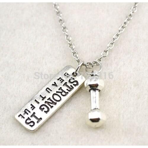 10pcs a lot fashion antique silver color 21mm dumbbell and Vintage Rectangle Strong is Beautiful sports Gym necklace