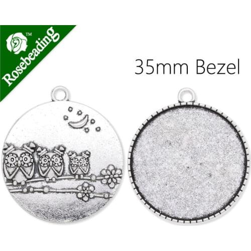 35mm round antique silver plated pendant tray,owls on back,pendant bezel,blank settings,cabochon setting,sold by 20pcs/lot-C3810