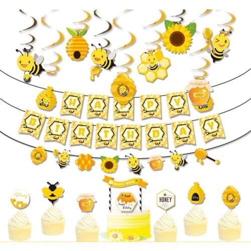 41pcs Bee Theme Birthday Party Decoration Letter Banner Little Bee First Birthday Cake Insert Spiral Ornament Party Supplies