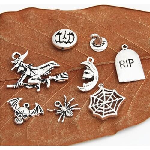 8pcs Silver Color Witch Hat Spider Web Pumpkin Halloween Charms Pendant For Necklace Bracelet Jewelry Making Accessories