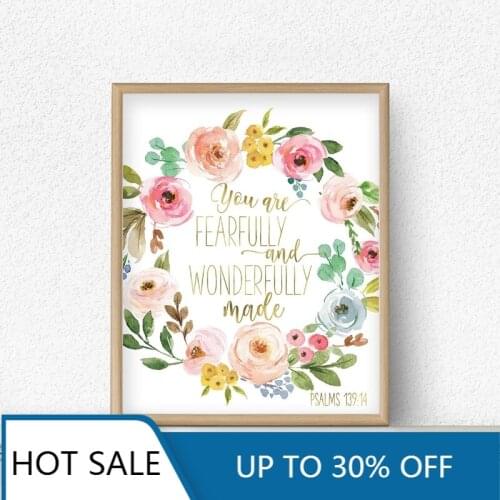 Bible Verse Psalm 139:14 Scripture Nursery Wall Art Canvas Painting Posters Prints Flowers Baby Girl Aesthetic Home Decoration