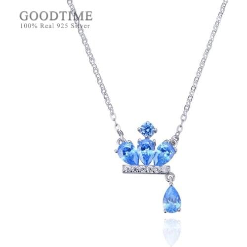 Noble Women Crown Necklace Pendan Pure 925 Sterling Silver Clavicle Necklace Blue Zircon Chain Necklace Chain Jewelry Accessory