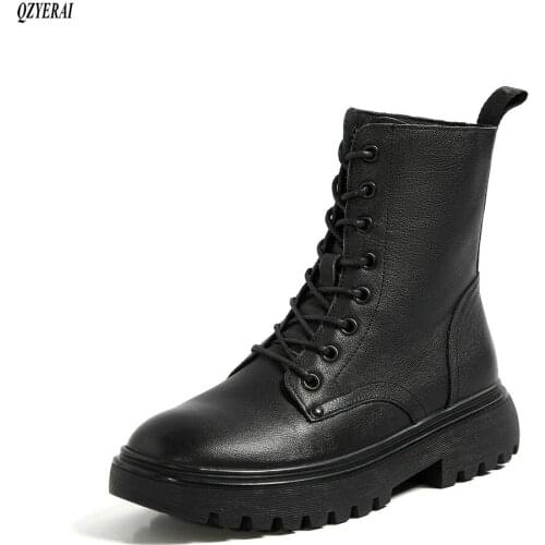 New Women Ankle Boots Genuine Leather Lace-up Autumn Winter boot Woman Low heel flat Female Short Motorcycle boots Botas