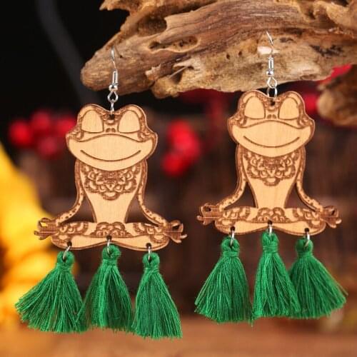 Halloween Wooden Macrame Tassel Earrings Frog Yoga Funny Unique Trendy Retro Vintage Statement Gift Geometric Horrible Earrings