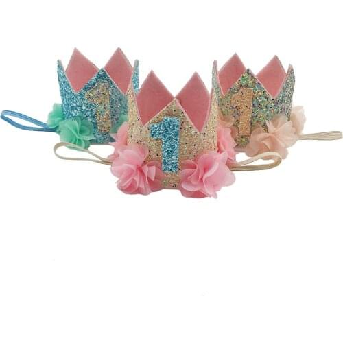 Baby 1 Year Birthday Crown With Number Flower Photograph Props Elastic Headbands For Party Bandeau