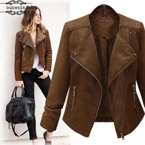 DUEWEER Jackets Coats Womens PU Leather Plus Size Turn-down Collar Solid All-match Simple Slim Elegant European Women Jacket
