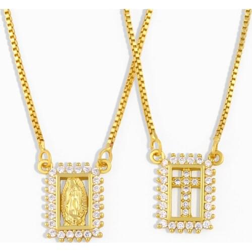 FLOLA Cubic Zirconia Virgin Mary For Necklace Crystal Cross Pendant Necklace Catholic Jewelry Gifts virgen de guadalupe nker89