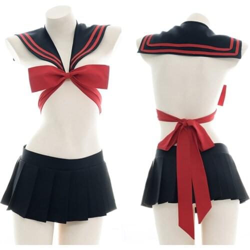 Hot Sexy Womens Lolita Girl Bowknot Bandage JK Sailor Suit Cosplay Take Photo Private Underwear Tops + Skirt 2Pcs Uniform Set