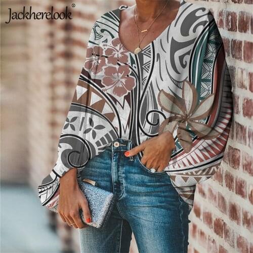 Jackherelook Womens Lartern Sleeve Blouse Vintage Polynesian Samoan Hibiscus Print Casual Female Top Ladies Shirts Blusas Mujer