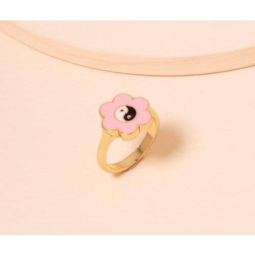 New Ins Pink Flower Tai Chi Yin Yang Ring Simple Retro Pink Smiley Ring For Women Girls Fashion Jewelry