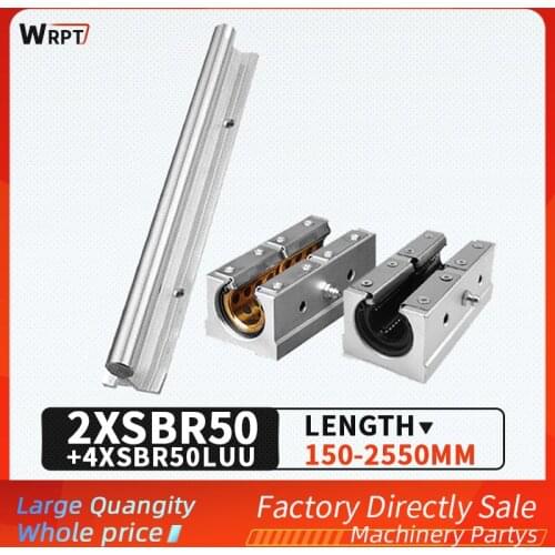 2PCS SBR50-L guide rail bracket cylindrical linear sliding bearing slide rail 4PCS extended slider set length = 150MM-750MM