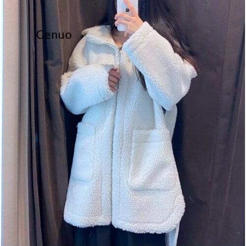 Womens White Coat Ladies Zipper Long Outwear Jacket Pockets Solid Lamb Wool Hooded Overcoat Autumn Winter