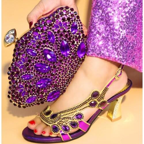 Hot Sale Big Crystal Handbag Matching Shoes Set With Rhinestone African Purple Women Pumps And Bag Set For Dress V0888