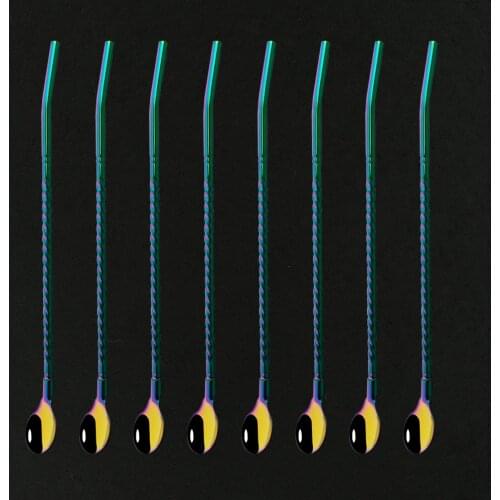 8Pcs Straw Tea Scoop Colorful 304 Stainless Steel Reusable Long Handle Straw Spoon Straight Bar Coffee Stirring Drinking Spoon