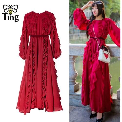 Tingfly Spring Fashion Chic Ruched Ruffles Red Long Dress Lady Party Dresses Vintage Ruffled Chiffon Vestidos Streetwear