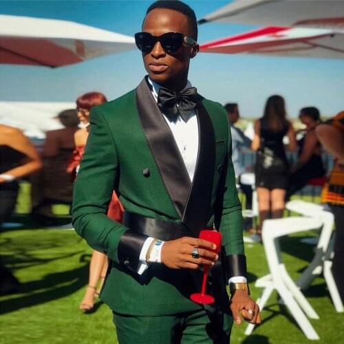 Fashion Dark Green Mens Suit Shawl Lapel For Wedding Blazers Two Pieces Male Tuxedos Slimt Fit Prom Jackets With Trousers