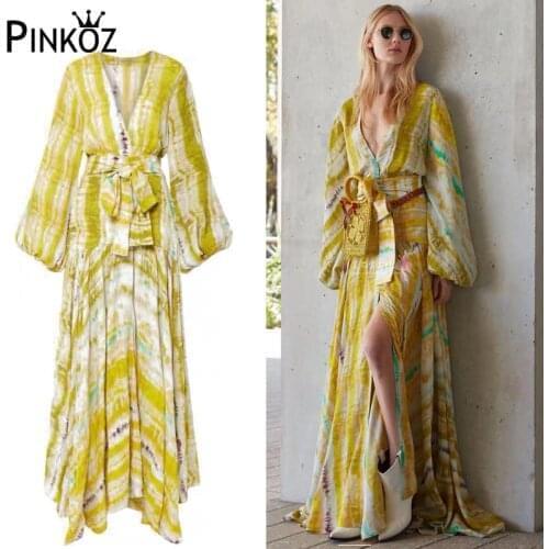 Pinkoz Designer Party Yellow Long V-Neck Maxi Dress Womens Elegant Lantern Sleeve Single-Breasted Print Striped Dress vestidos