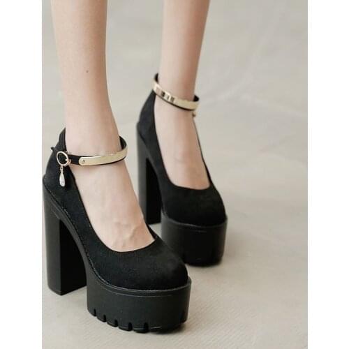 PXELENA Sexy Super High Heels Party Nightclub Catwalk Pumps Women Ankle Strap Metal Decor Chunky Platform Punk Gothic Shoes Lady