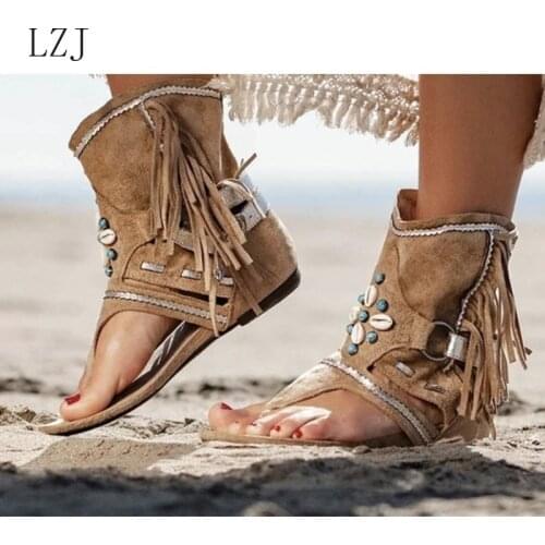 Retro Women Fringe Flower Wedges Shoes 2020 Solid Flock Beach Casual Sandals Women Summer Flip Flop Sandals