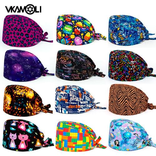 Unisex cartoon printing adjustable scrub hat beauty salon nursing cap Health service work Caps pet shop scrubs cap nursing cap
