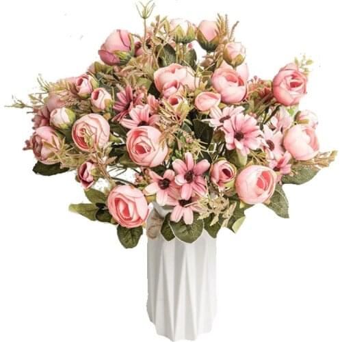 Silk Rose Pink Artificial Flowers Bouquet High Quality Plastic Accessories Home Living Room Wedding Table Decoration Fake Flower