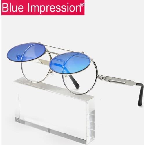 Blue Impression Steampunk Sunglasses Round Metal Women Style Retro Flip Circular Double Metal Sun Glasses Men CIRCLE SUN GLASSES