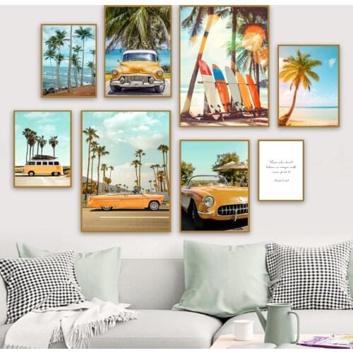 Vintage Campervan Palm Tree Yellow Bus Nordic Posters And Prints Wall Art Canvas Painting Wall Pictures For Living Room Decor
