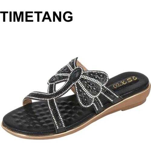 TIMETANG Bohemia Summer Women Crystal Flat Sandals Beach Peep Toe Casual Shoes Non Slip Seaside Lazy Half Slippers Sandalia Femi