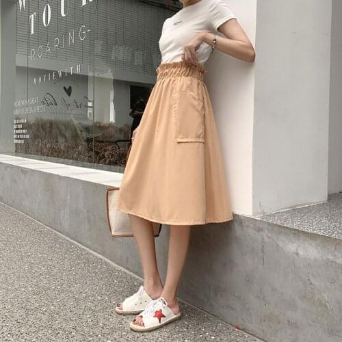 Women Casual Solid Skirts Summer Fashion New Lady A-Line Pockets Skirts High Quality Females Korean Empire Knee-Length Skirts