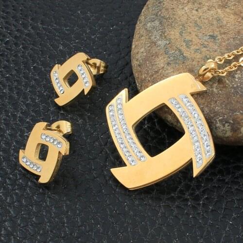 Fashion Style Stainless Steel Jewelry Sets For Female Gold Color Pendants And Earrings SRYZ082