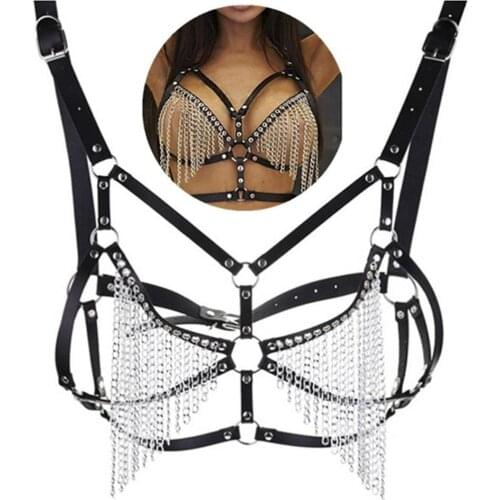 Punk Sexy Women Goth Leather Chest Harness Bra top Body Chain Belt Performance Costume Fashion Metal Girl Festival Jewelry