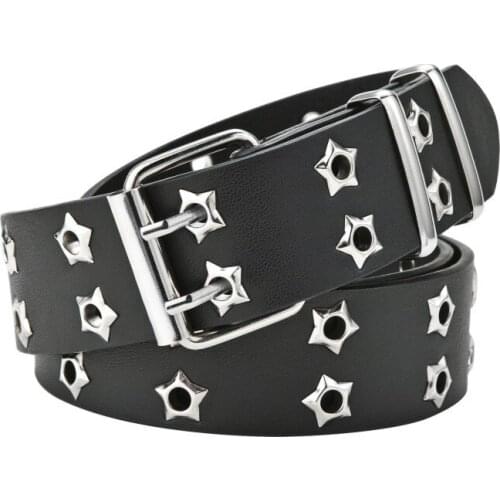 2021 new Korean version of punk style ladies double row hole star hollow fashion wild decorative pin buckle belt