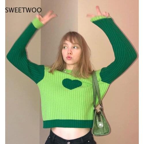 2021 European and American Spring and Autumn New Sweater Love Pattern Round Neck Stitching Contrast Sweater Women Streetwear