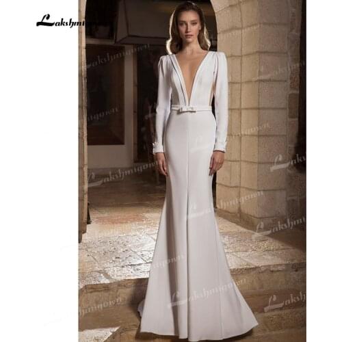 Elegant Soft Satin Mermaid Wedding Dresses Sexy Deep V-Neck Long Sleeve Bow Sashes Open Back Sweep/Brush Train Bride Gown Simple