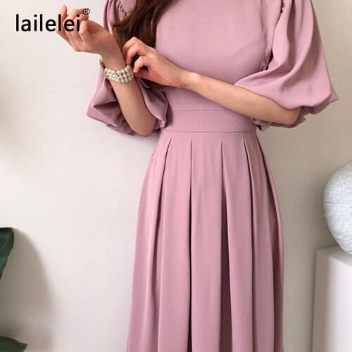Lantern Sleeve Draped Pink Dress Midi 2021 Summer A-Line Women Elegant Vestidos Largos Verano Robe Longue Harajuku Korean Jurken