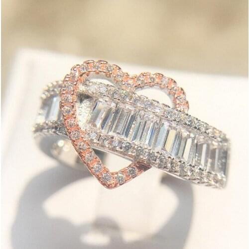 Classical Jewelry 925 Sterling Silver Princess White Clear Cubic Zirconia Double Color Enternity Women Wedding Heart Band Ring