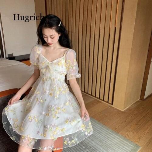 French Floral Dress Women Sexy Puff Sleeve Lace Chiffon Print Mini Dress Women Summer Korean Style Vintage Fairy Dress New 2021