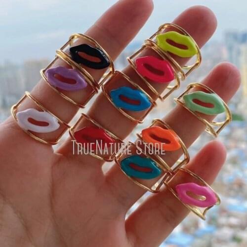 5Pcs RM40056 Copper Jewelry Copper Adjustable Rings Gold Plated Colors Gold Plated Enamel Lips Ring