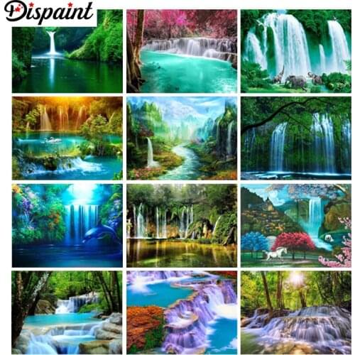 Dispaint 5D Diamond "Waterfall tree scenery" Diamond Embroidery Full Round/ Square Diy Diamond Painting Cross Stitch Home Decor