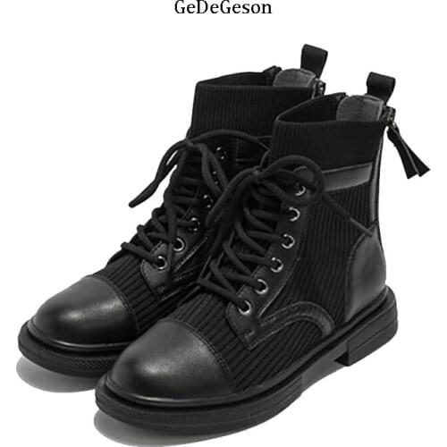 Rear zipper Low Heel boots Women Genuine Cowhide Knit Tube Fashion and Comfortable Shoes Autumn and Winter